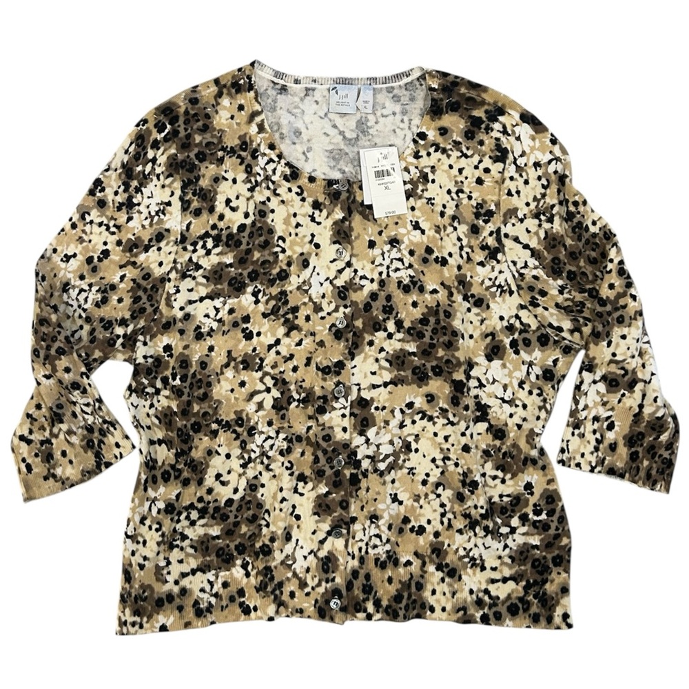 NWT J. Jill Animal Print Floral Brown Tan 3/4 Sleeve Button Up Cardigan XL